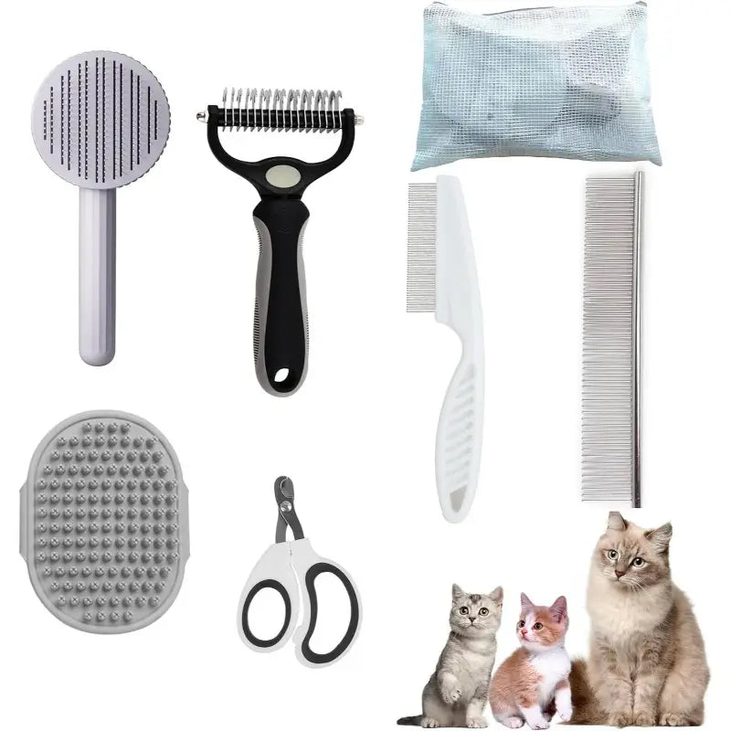 6-in-1 Cat & Kitten Grooming Kit with Self-Cleaning Slicker Brush, Deshedding & Dematting Tools